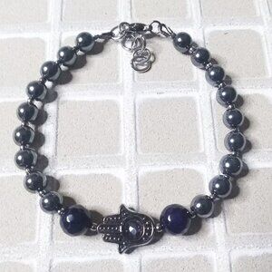 Hematite Hamsa Hand Protection Bracelet - Cool Calm & Collected - 7-8" Wrists